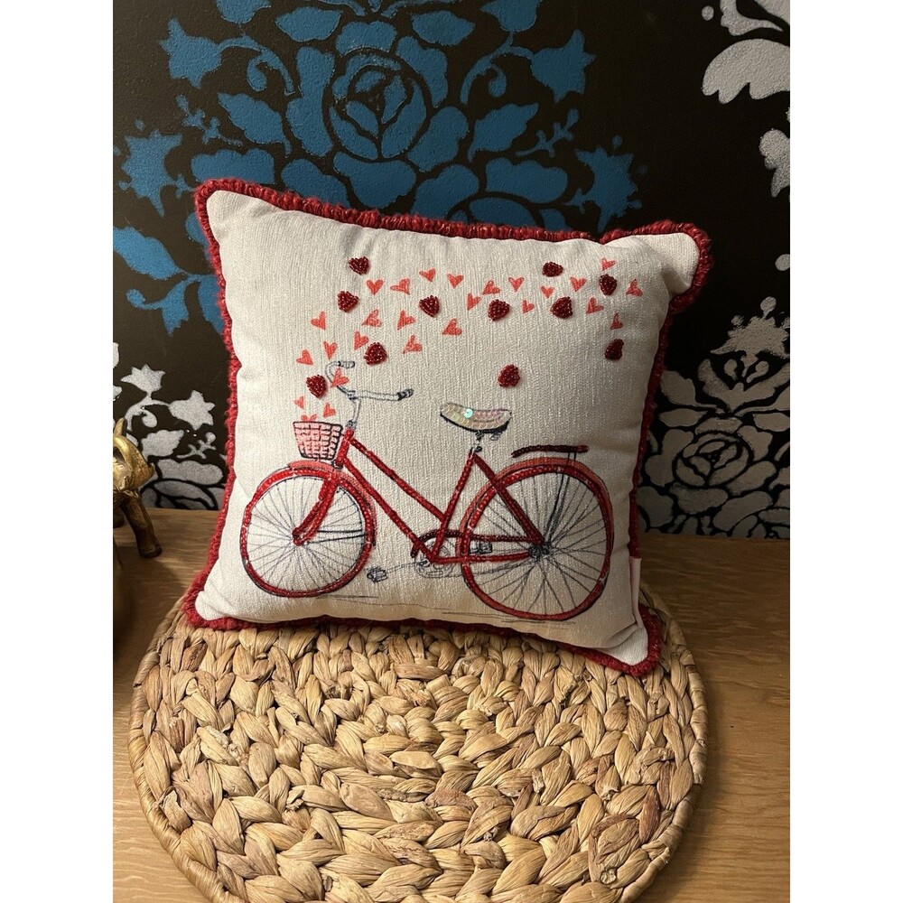 Bella Lux Throw Pillow Bicycle Hearts Embroidered Sequin Beaded